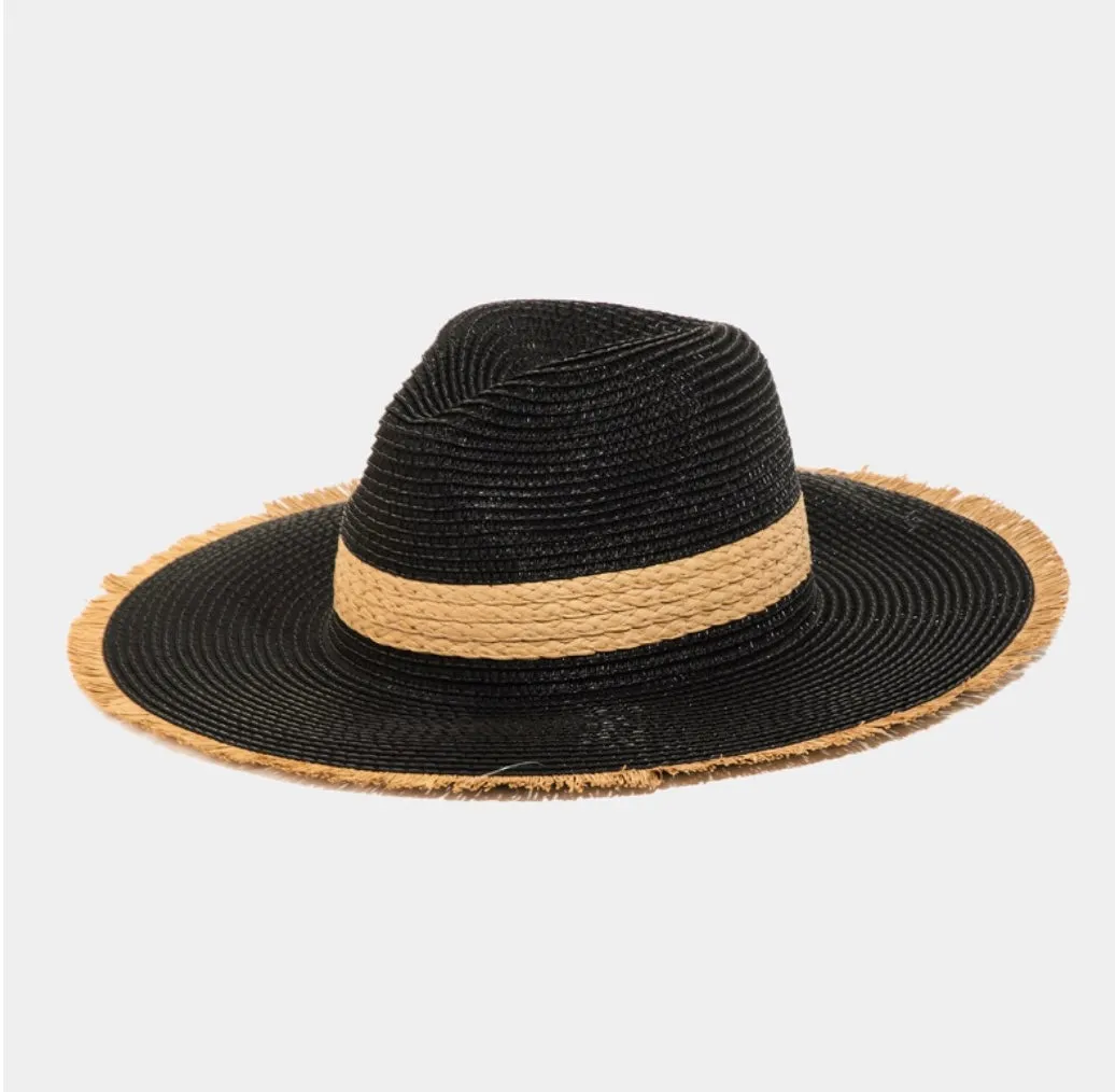 Black Straw Sun Hat w/Tan Band & Frayed Edge