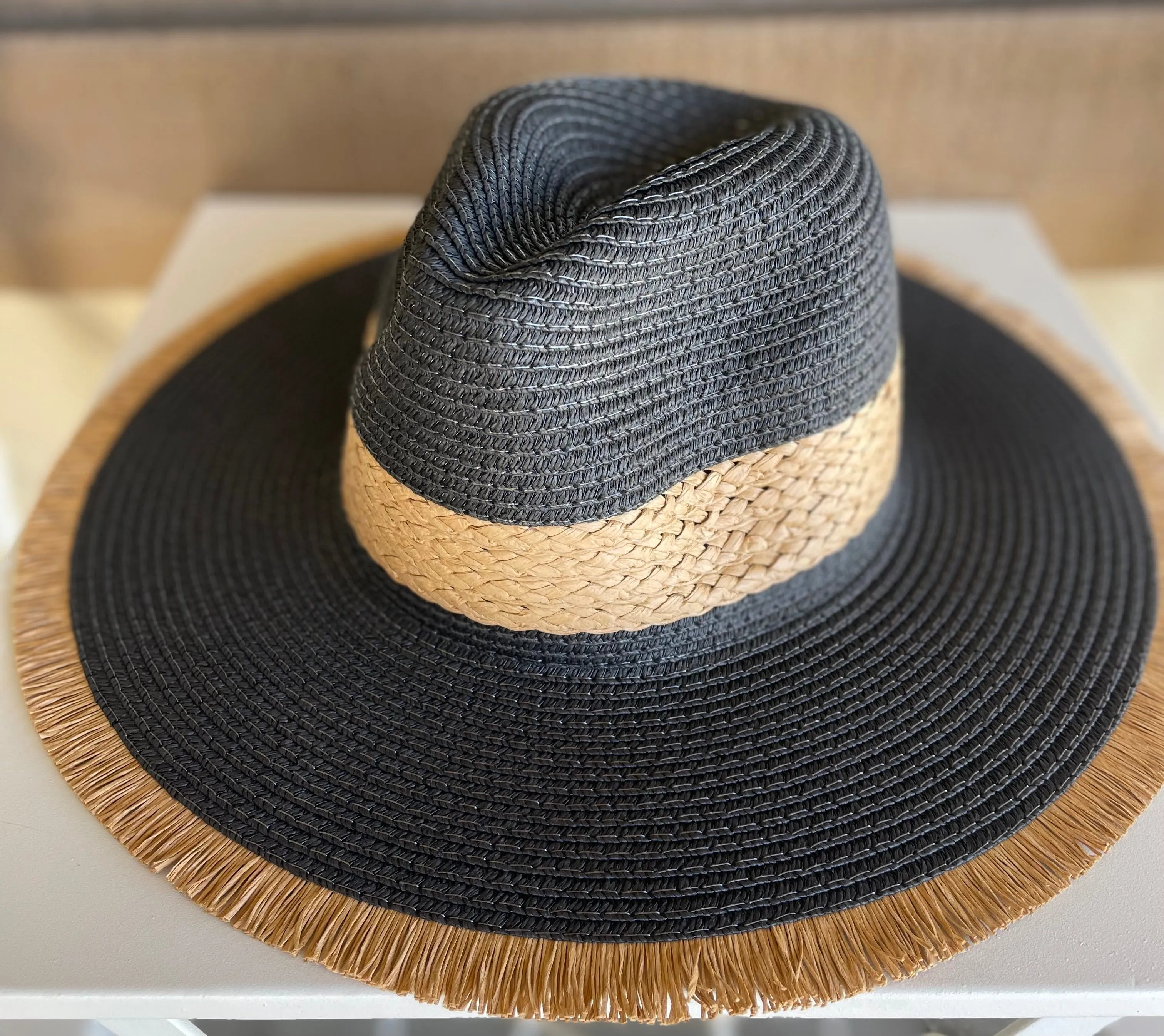 Black Straw Sun Hat w/Tan Band & Frayed Edge