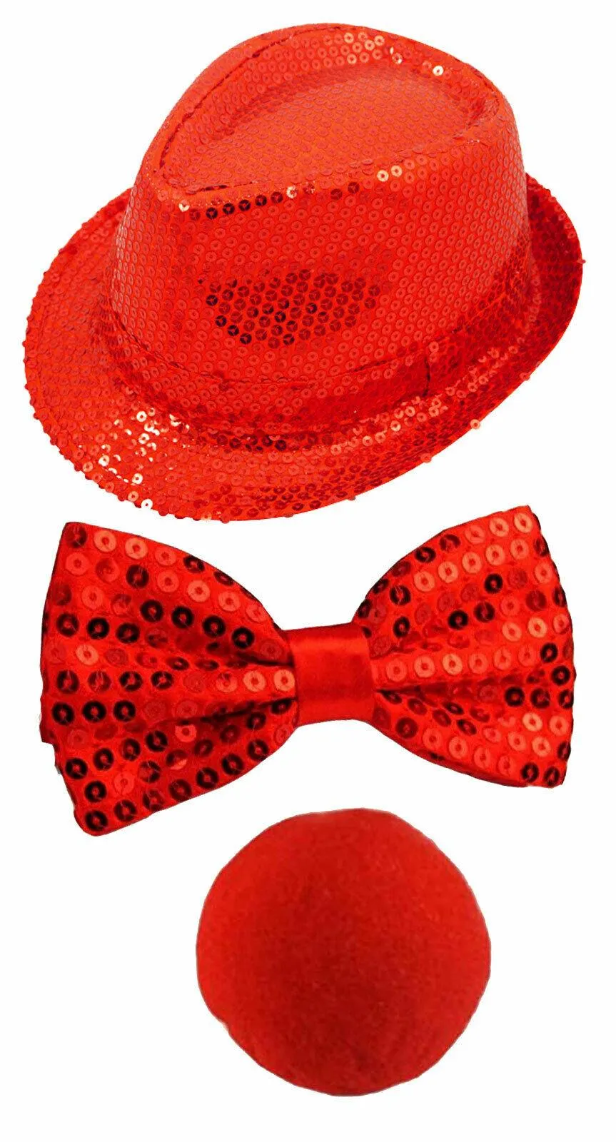 Comic Relief's Red Nose Day Sequin Trilby Hat Bow Tie Sponge Nose 3 Pc Party Set