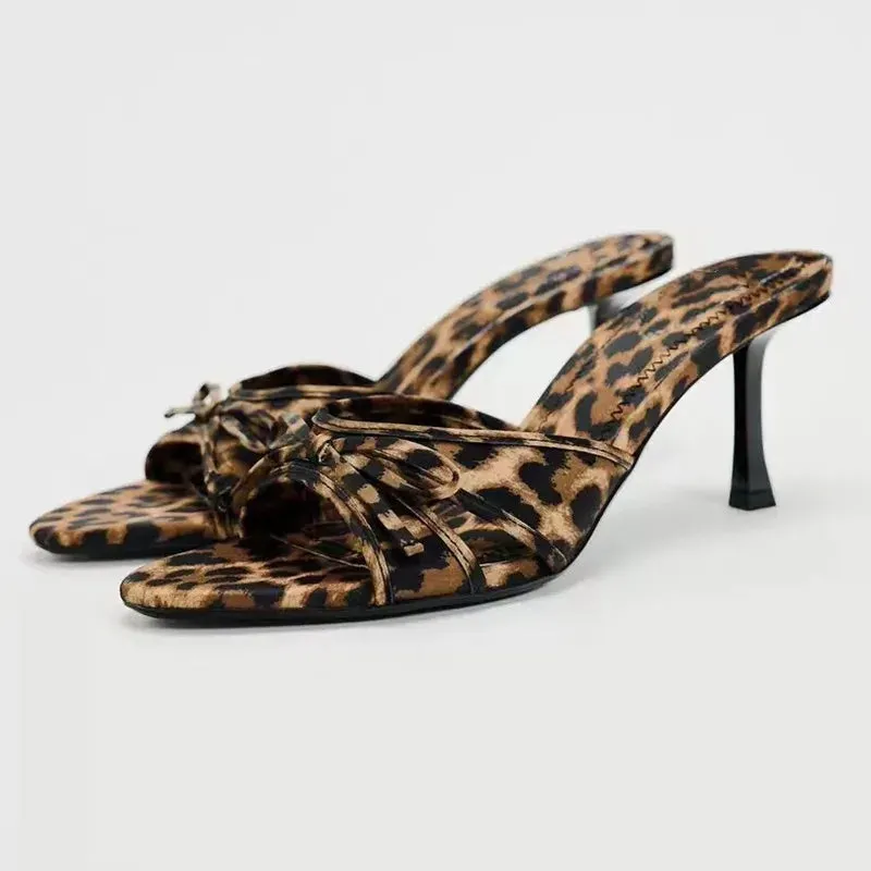 Leopard Print Bow Slippers High Heel Mules