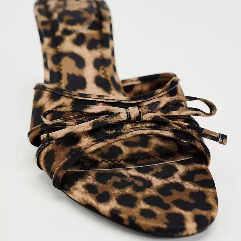 Leopard Print Bow Slippers High Heel Mules
