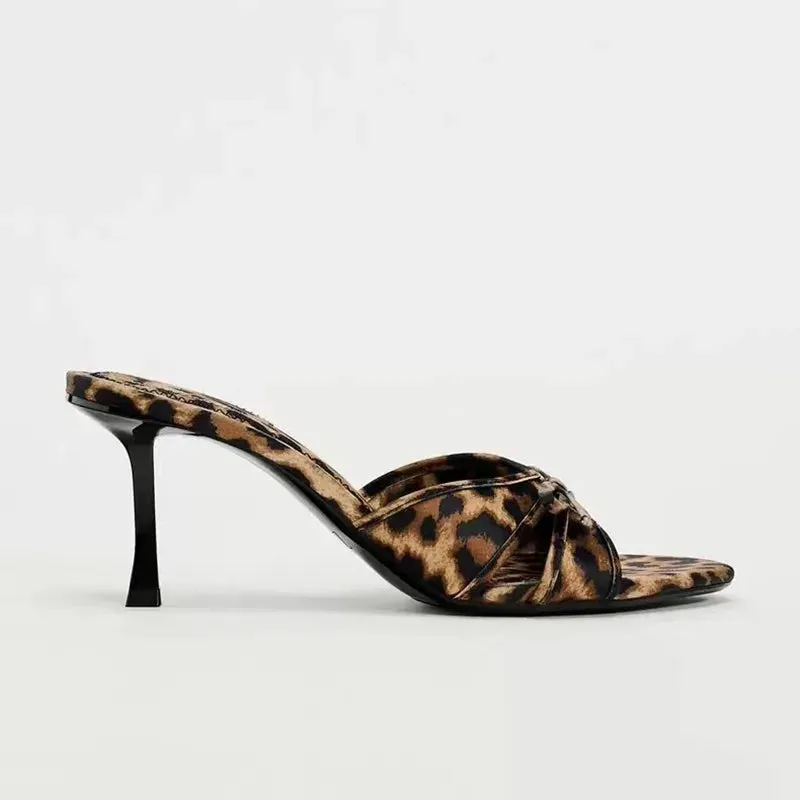Leopard Print Bow Slippers High Heel Mules