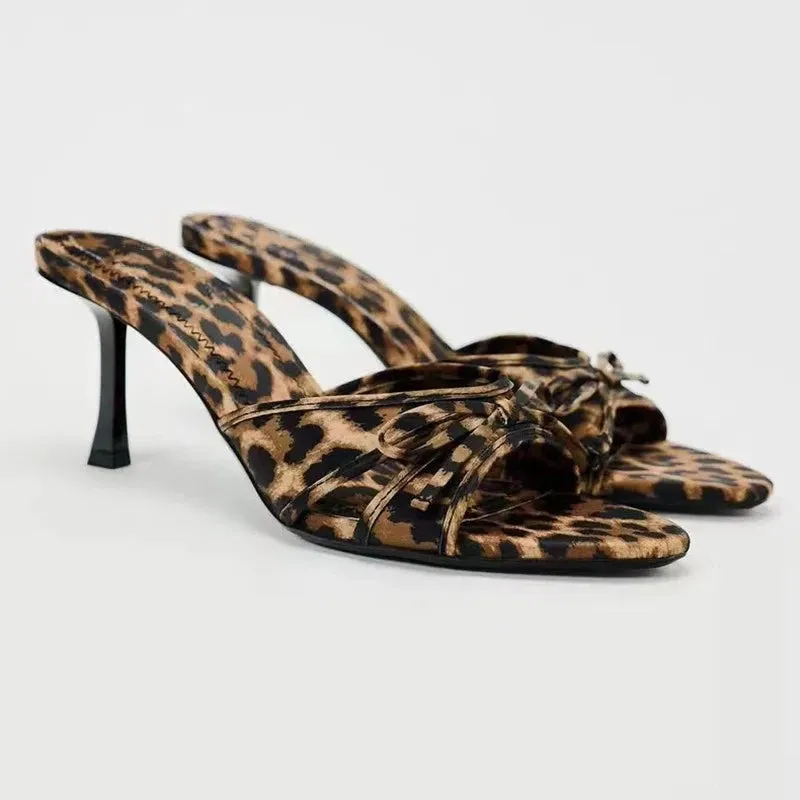 Leopard Print Bow Slippers High Heel Mules