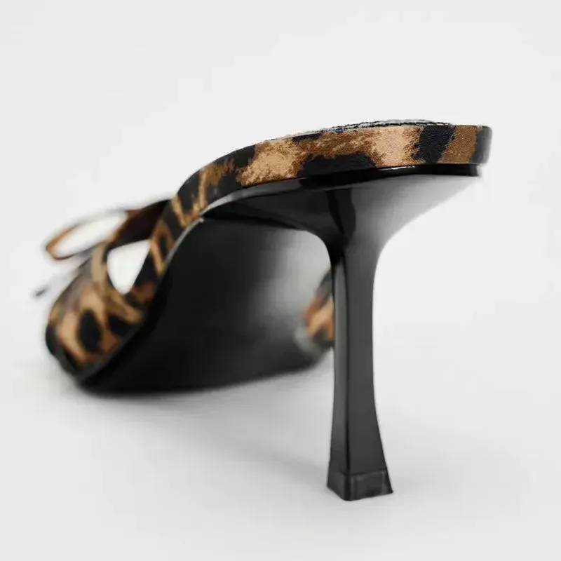 Leopard Print Bow Slippers High Heel Mules