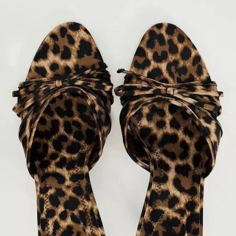 Leopard Print Bow Slippers High Heel Mules