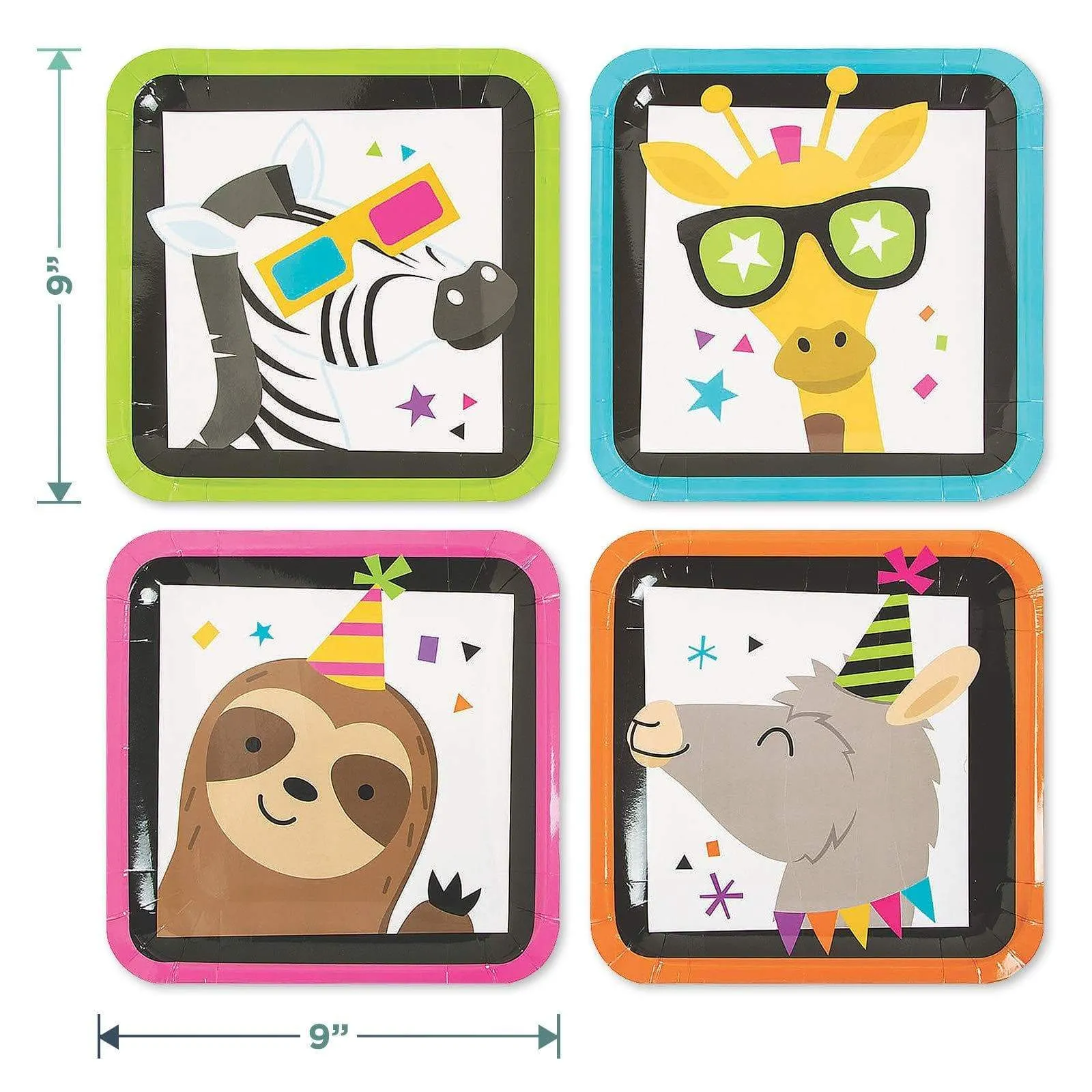 Party Animal Dinner Pack - Sloth, Llama, Zebra, and Giraffe Assorted Paper Dinner Plates, Napkins, Cups, and Garland Set (Serves 16)