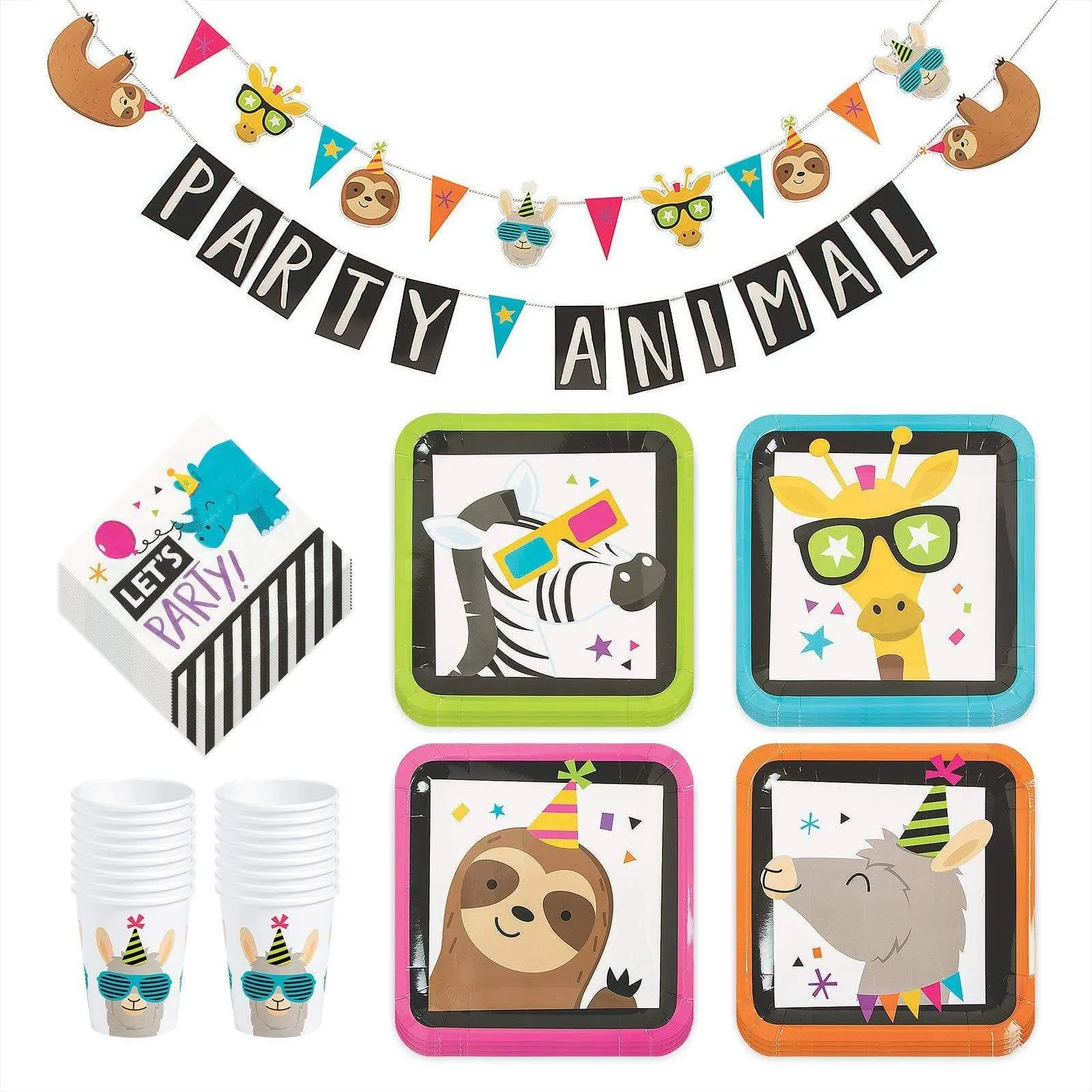 Party Animal Dinner Pack - Sloth, Llama, Zebra, and Giraffe Assorted Paper Dinner Plates, Napkins, Cups, and Garland Set (Serves 16)