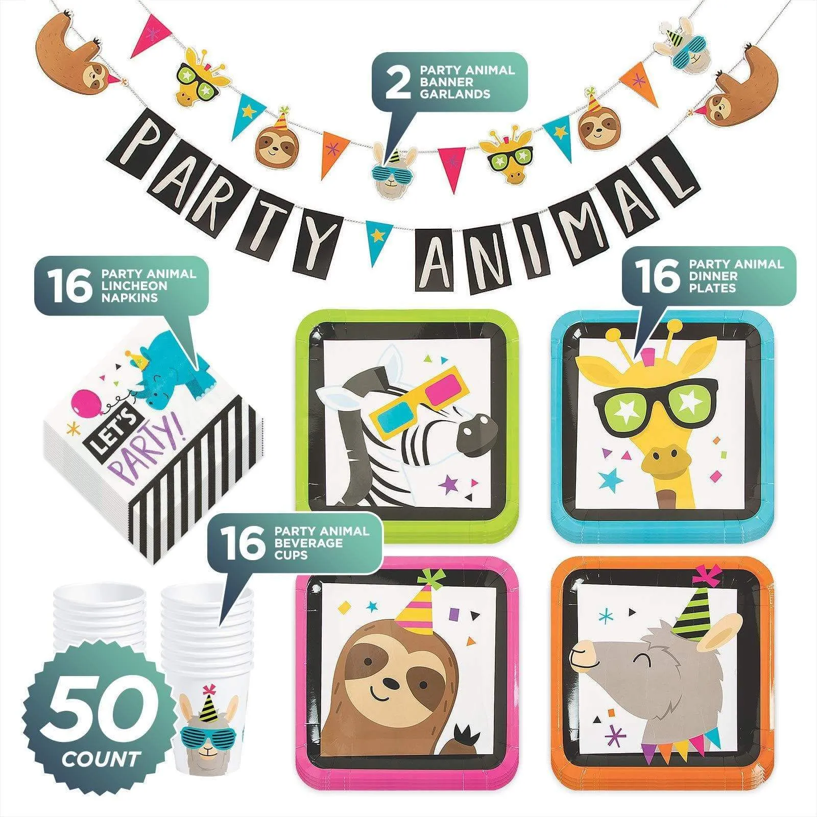 Party Animal Dinner Pack - Sloth, Llama, Zebra, and Giraffe Assorted Paper Dinner Plates, Napkins, Cups, and Garland Set (Serves 16)
