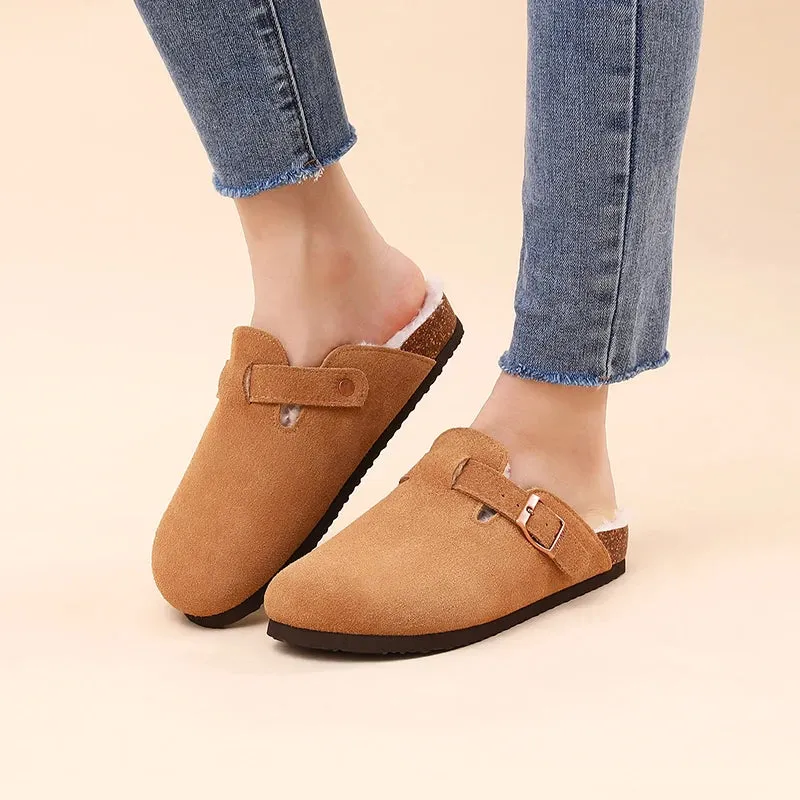 Women's Winter Fur Cork Clogs Short Plush Slippers