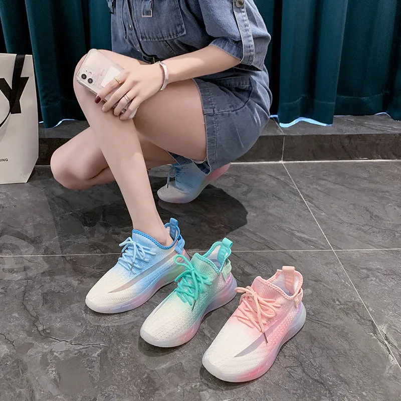 xakxx Rainbow Bottom Coconut Women's Fashionable Shoes Spring and Summer Breathable Sneaker Women's Light Running Shoes Gradient Flying Woven Shoes