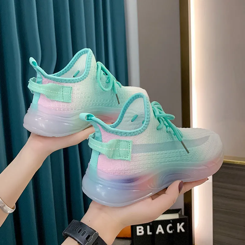 xakxx Rainbow Bottom Coconut Women's Fashionable Shoes Spring and Summer Breathable Sneaker Women's Light Running Shoes Gradient Flying Woven Shoes