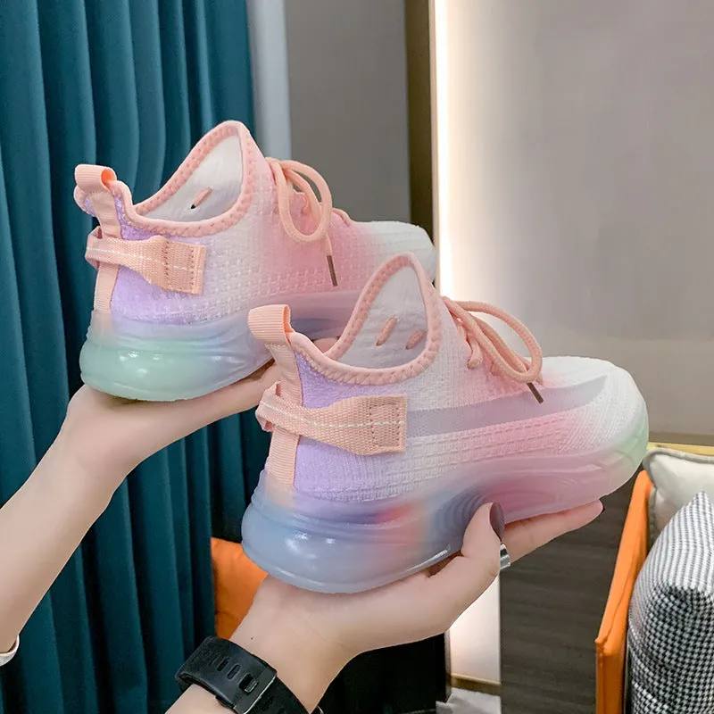 xakxx Rainbow Bottom Coconut Women's Fashionable Shoes Spring and Summer Breathable Sneaker Women's Light Running Shoes Gradient Flying Woven Shoes